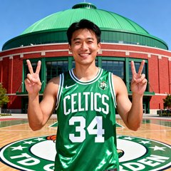 一位篮球迷的个人头像照片，身穿凯尔特人队球衣在TD花园球馆外拍照留念